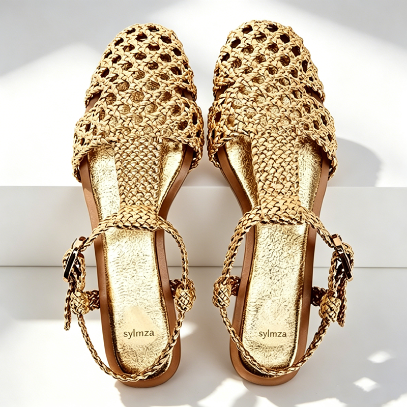 Golden Mesh Woven Flat Sandals – Mesh Strap Metal recenzja i cena