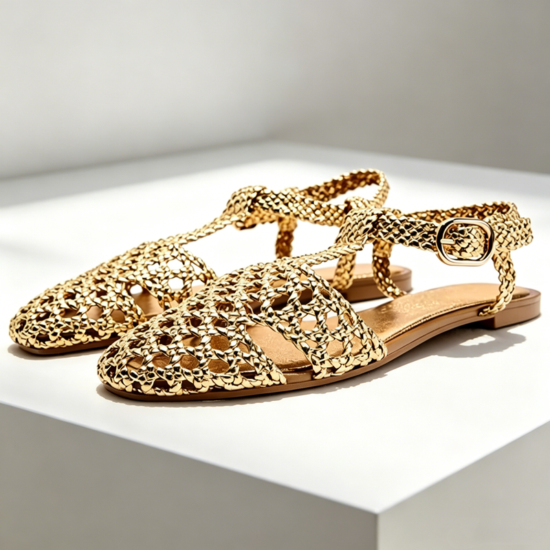 Golden Mesh Woven Flat Sandals – Mesh Strap Metal recenzja i cena