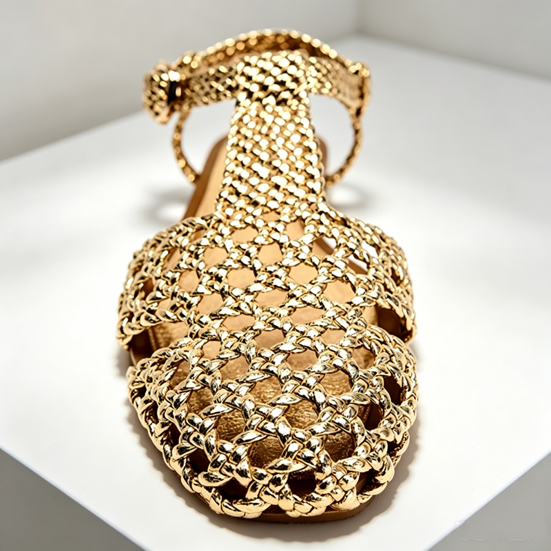 Golden Mesh Woven Flat Sandals – Mesh Strap Metal recenzja i cena